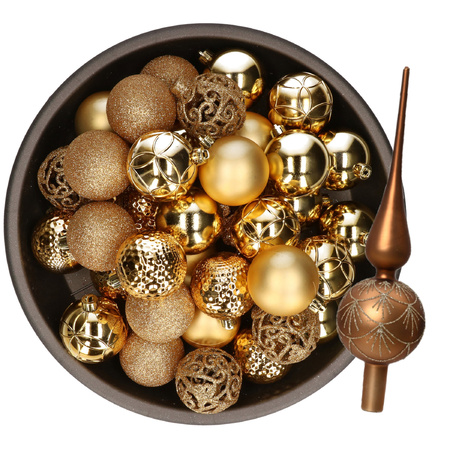 Christmas tree decoration - 38-pcs - gold - plastic baubles and glass topper