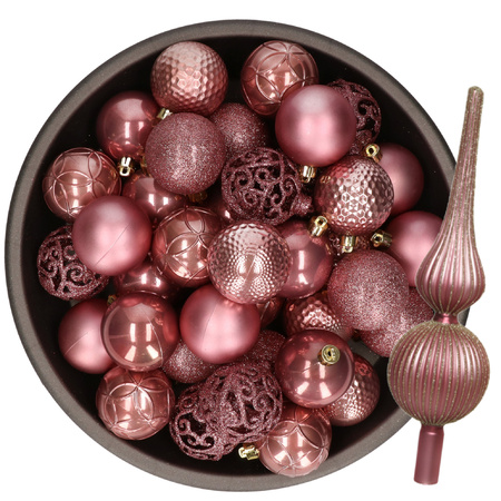 Christmas tree decoration - 38-pcs - old pink - plastic baubles and glass topper