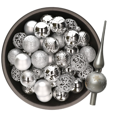 Kerstversiering set - 38-dlg - zilver - kunststof kerstballen en glazen luxe piek