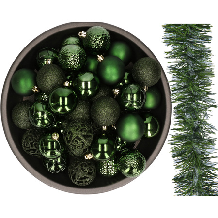 Kerstversiering set - donkergroen - 37x kerstballen 6 cm en kerstslinger - kunststof