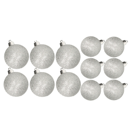 Christmas glitter baubles set silver 6 - 8 cm - package 30x pieces