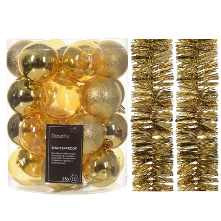 Kerstversiering set - goud - kerstballen 6 cm en kerstslingers - kunststof