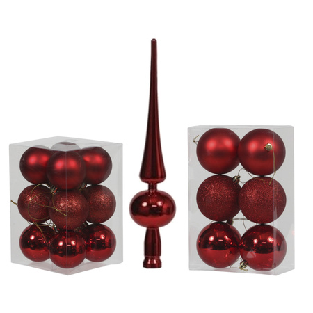 Kerstversiering set kerstballen met piek rood 6 - 8 cm - pakket van 55x stuks
