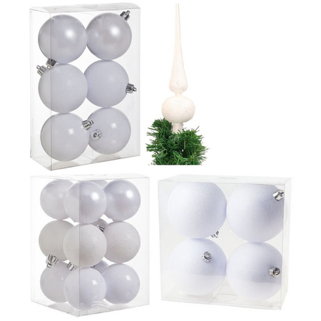 Christmas baubles with topper set white 6 - 8 - 10 cm - package 63x pieces