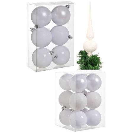 Christmas baubles with topper set white 6 - 8 cm - package 37x pieces
