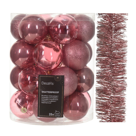 Christmas tree decoration set - velvet pink- baubles 6 cm and garland - plastic