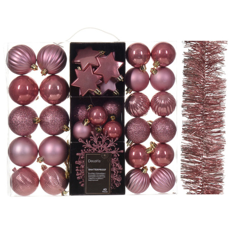 Christmas tree decoration set - velvet pink - baubles, ornaments and garland - plastic