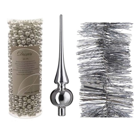 Christmas set silver topper, 1x foil garland, 1x beads garland