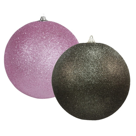 Christmas decorations set 2x extra large plastic glitter baubles in black and pink 25 cm