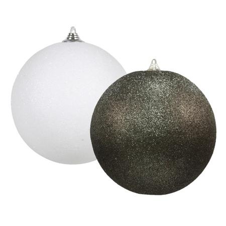 Christmas decorations set 2x extra large plastic glitter baubles in black and white 25 cm