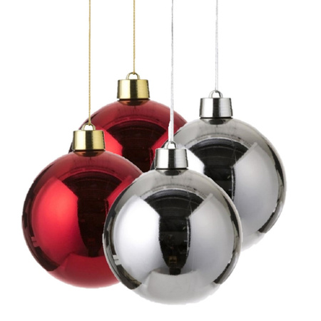 Christmas decorations set 4x large plastic baubles in red and silver 20 cm