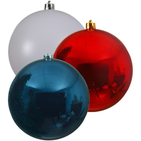 Kerstversieringen set van 6x grote kunststof kerstballen blauw-wit-rood 14 cm glans