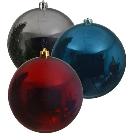 Kerstversieringen set van 6x grote kunststof kerstballen blauw-zilver-rood 14 cm glans