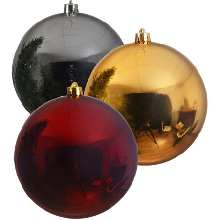 Kerstversieringen set van 6x grote kunststof kerstballen goud-zilver-rood 14 cm glans