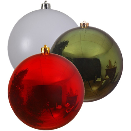 Kerstversieringen set van 6x grote kunststof kerstballen groen-wit-rood 14 cm glans