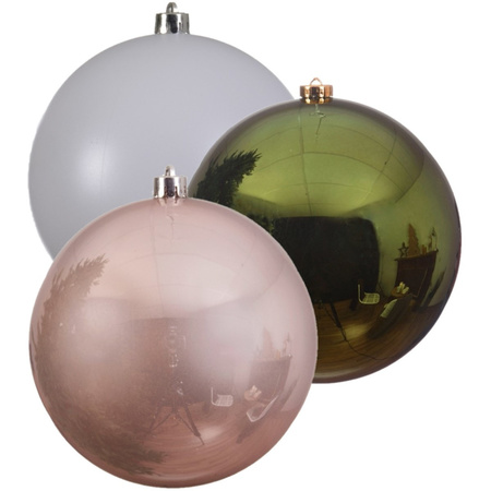 Kerstversieringen set van 6x grote kunststof kerstballen groen-wit-roze 14 cm glans