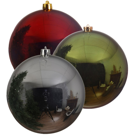 Kerstversieringen set van 6x grote kunststof kerstballen rood-groen-zilvergrijs 14 cm glans