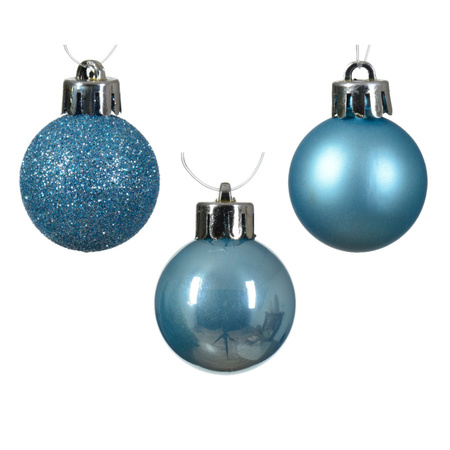 Kleine kerstballen - 14x - kunststof - ijs blauw - 3 cm
