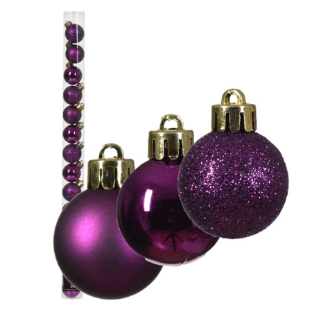 Kleine kerstballen - 14x - kunststof - paars - 3 cm
