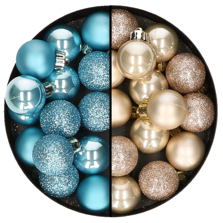 Kleine kerstballen - 28x st - champagne en ijsblauw - 3 cm - kunststof
