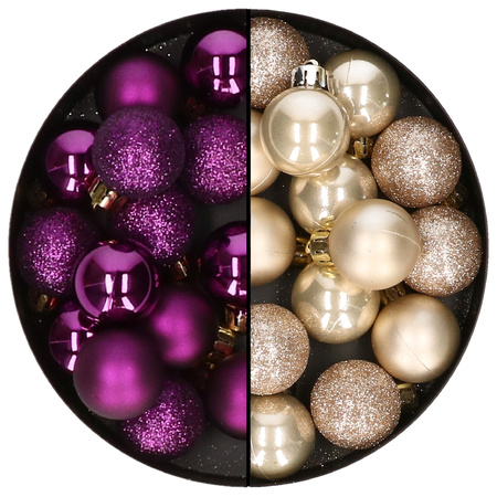 Kleine kerstballen - 28x st - champagne en paars - 3 cm - kunststof