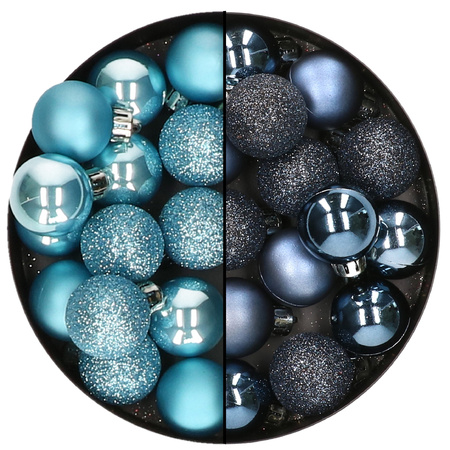Mini Christmas baubles - 28x - dark blue and ice blue - 3 cm - plastic