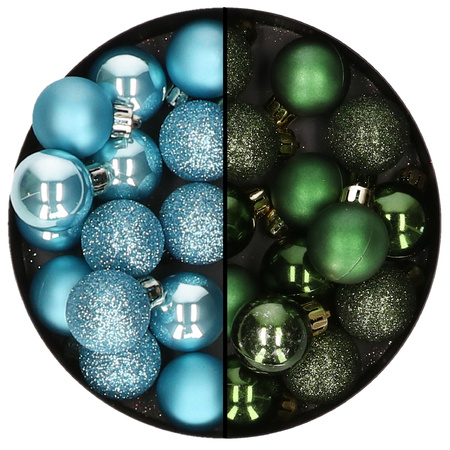 Kleine kerstballen - 28x st - donkergroen en ijsblauw - 3 cm - kunststof