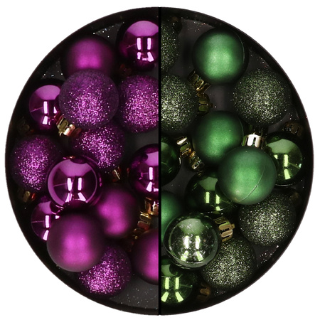 Kleine kerstballen - 28x st - donkergroen en paars - 3 cm - kunststof