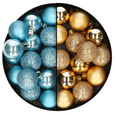 Kleine kerstballen - 28x st - goud en ijsblauw - 3 cm - kunststof