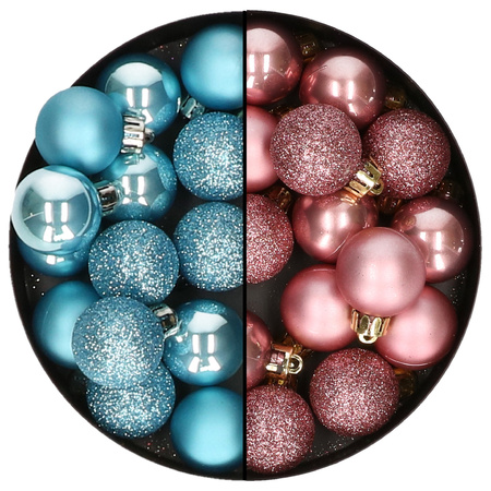 Kleine kerstballen - 28x st - oudroze en ijsblauw - 3 cm - kunststof