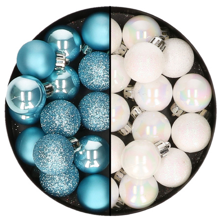 Kleine kerstballen - 28x st - parelmoer wit en ijsblauw - 3 cm - kunststof