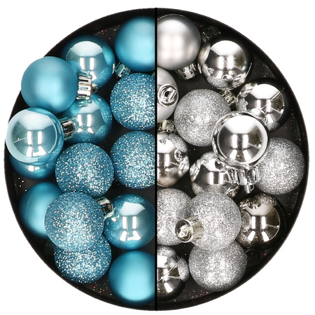 Kleine kerstballen - 28x st - zilver en ijsblauw - 3 cm - kunststof