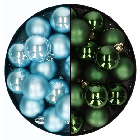 Kleine kerstballen 32x stuks - mix donkergroen en ijsblauw - 4 cm - kunststof