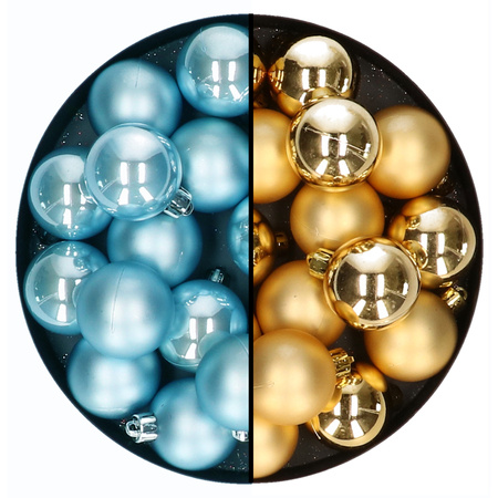 Kleine kerstballen 32x stuks - mix goud en ijsblauw - 4 cm - kunststof