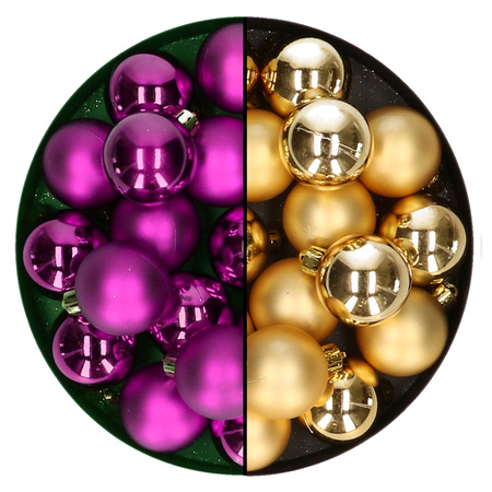 Kleine kerstballen 32x stuks - mix goud en paars - 4 cm - kunststof