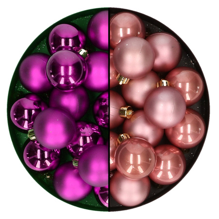Kleine kerstballen 32x stuks - mix oudroze en paars - 4 cm - kunststof