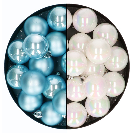 Kleine kerstballen 32x stuks - mix parelmoer wit en ijsblauw - 4 cm - kunststof