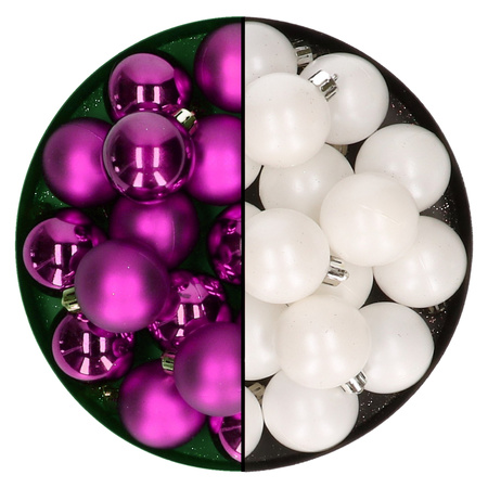 Kleine kerstballen 32x stuks - mix winter wit en paars - 4 cm - kunststof