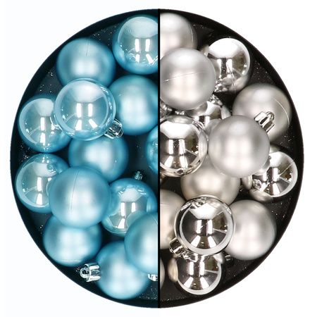 Kleine kerstballen 32x stuks - mix zilver en ijsblauw - 4 cm - kunststof