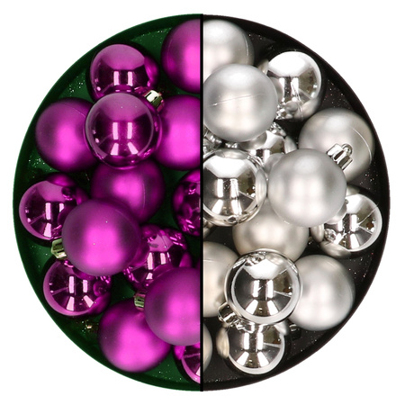 Kleine kerstballen 32x stuks - mix zilver en paars - 4 cm - kunststof
