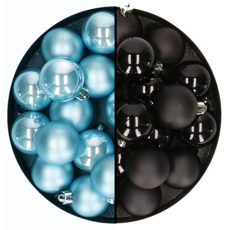 Kleine kerstballen 32x stuks - mix zwart en ijsblauw - 4 cm - kunststof