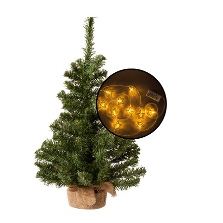 Kleine kunst kerstboom -groen -incl. 3D sterren lichtsnoer metallic goud - H60 cm