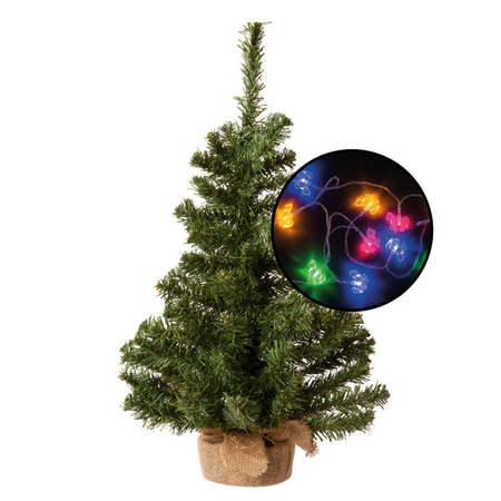 Mini Christmas tree - green - with horses theme lights - jute bag - H60 cm
