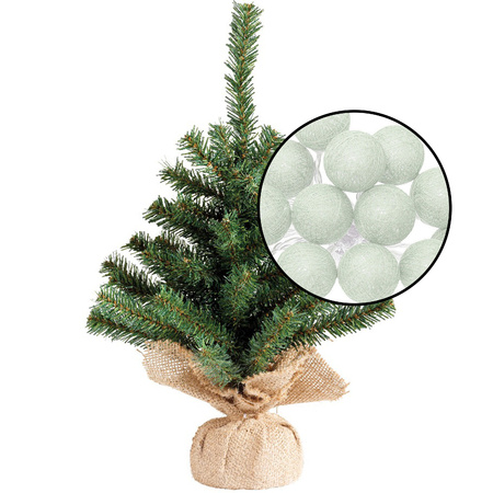 Mini Christmas tree - H45 cm - with lightrope with balls light green - jute bag