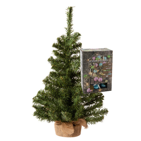 Mini Christmas tree - H60 cm - with colored baubles lights - jute bag