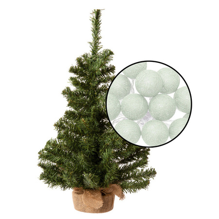 Mini Christmas tree - H60 cm - with lightrope with balls light green - jute bag