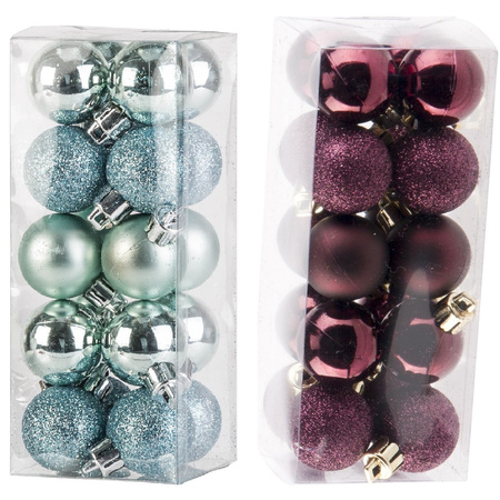 Small plastic christmas decoration 40x pieces set 3 cm baubles in eggplant and mintgreen