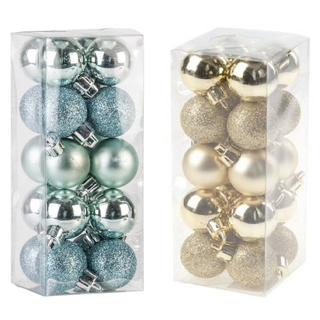 Small plastic christmas decoration 40x pieces set 3 cm baubles in gold and mintgreen