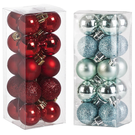 Small plastic christmas decoration 40x pieces set 3 cm baubles in mintgreen and red