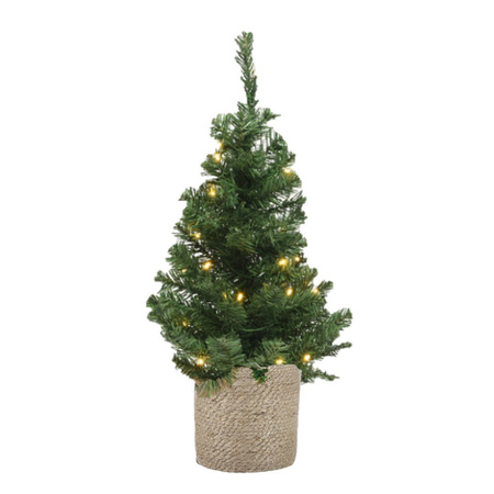 Mini christmas tree 75 cm with lights in natural jute pot